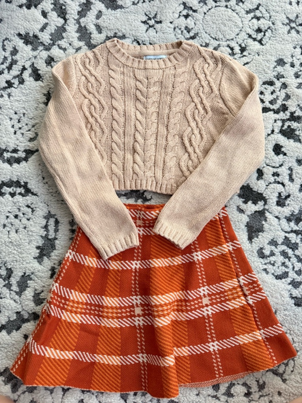 cupcakes & cashmere Beige Knit Sweater and Orange Plaid Skirt Set